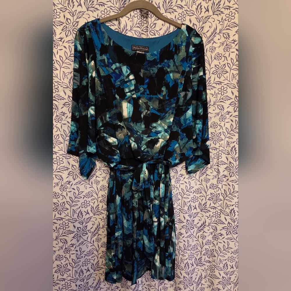Jessica Howard Blue and Black Patterned Long Sleeve Dress